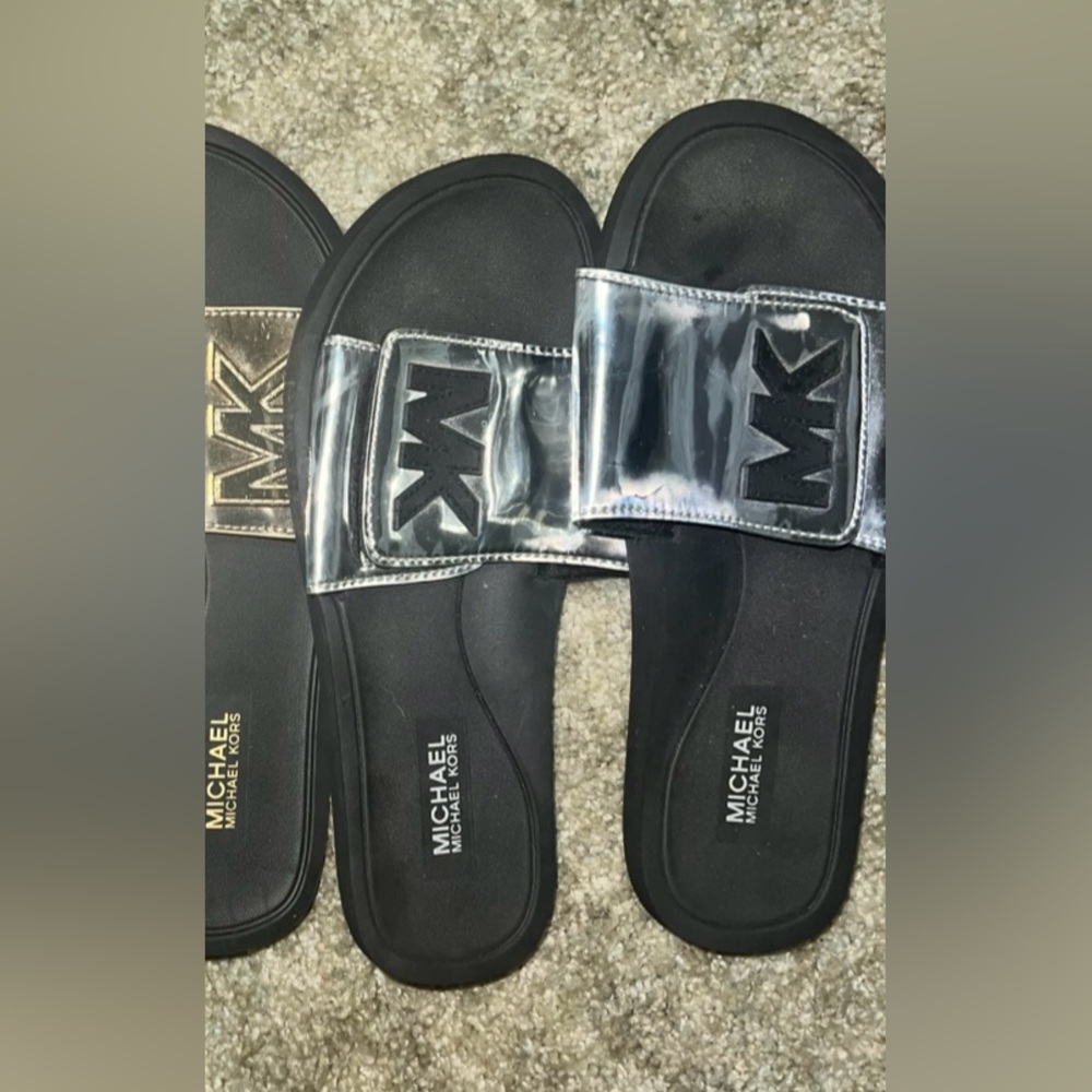 Michael Kors Black and Silver Slide Sandals